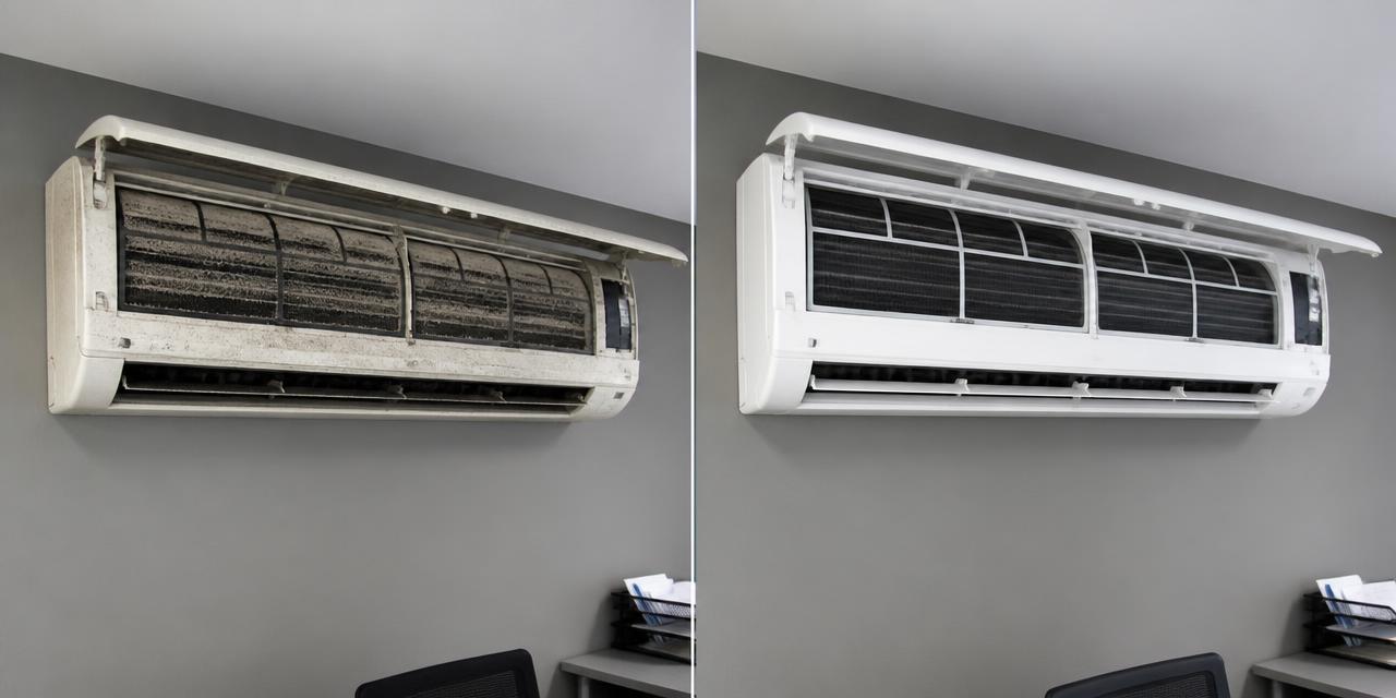 Antes y después de un split en una oficina: filtros llenos de polvo a la izquierda, unidad limpia a la derecha