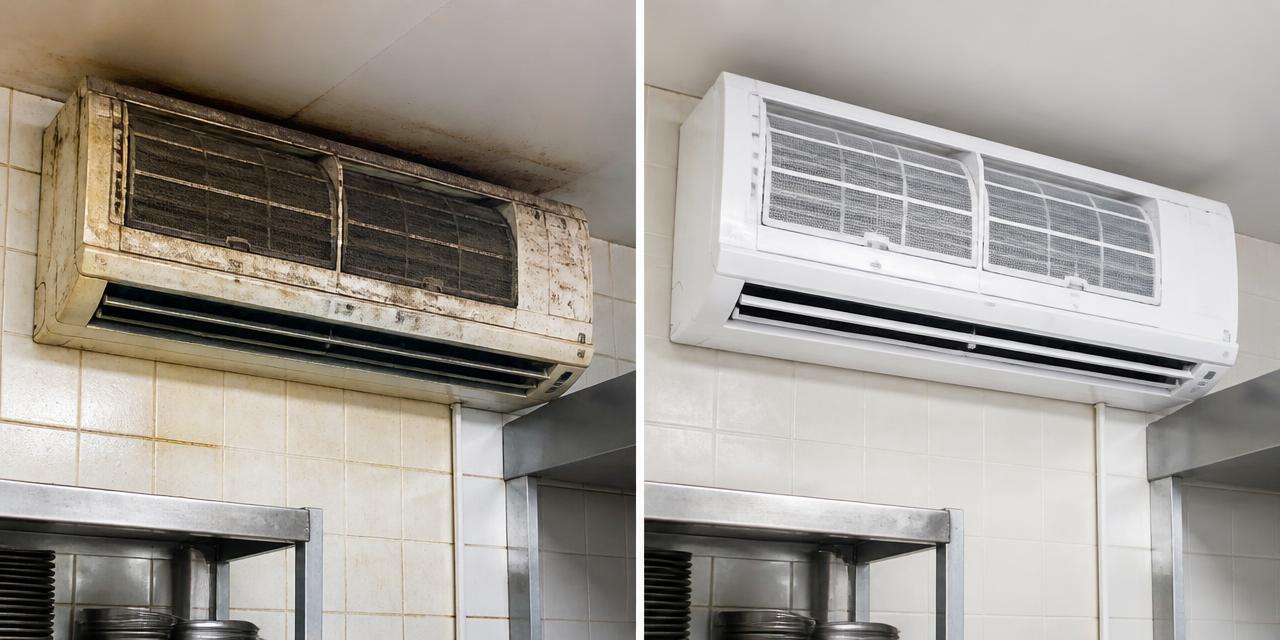Antes y después de un split en una cocina de restaurante: unidad grasienta a la izquierda, limpia a la derecha